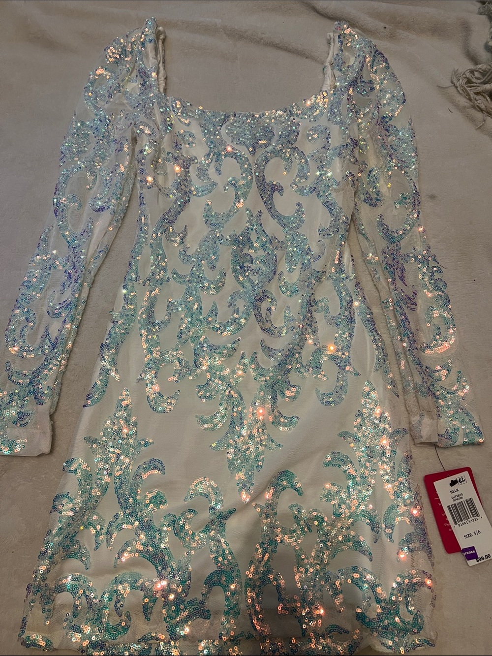 B Darlin Ivory Mini Dress with Aqua Sequin Embellishment and sheer sleeves